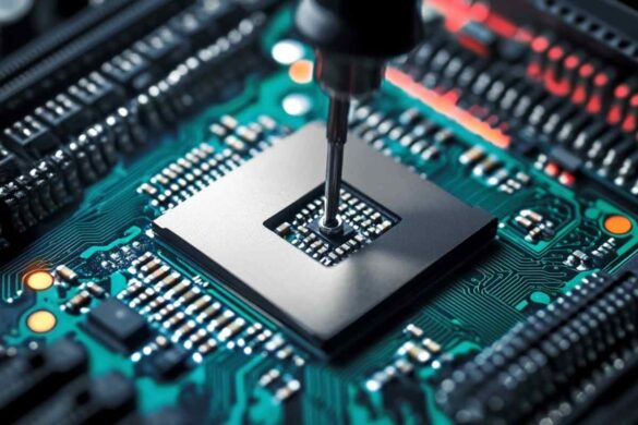 Technician flashing firmware on an electronic device using a laptop and programming tools