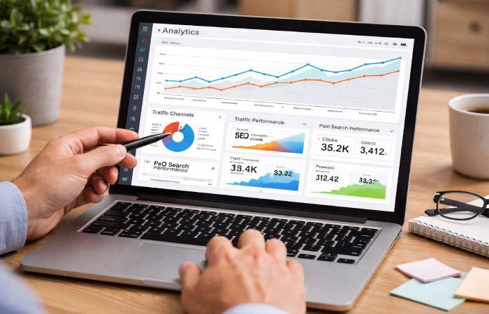 laptop displaying analytics dashboard with charts for seo and paid advertising performance