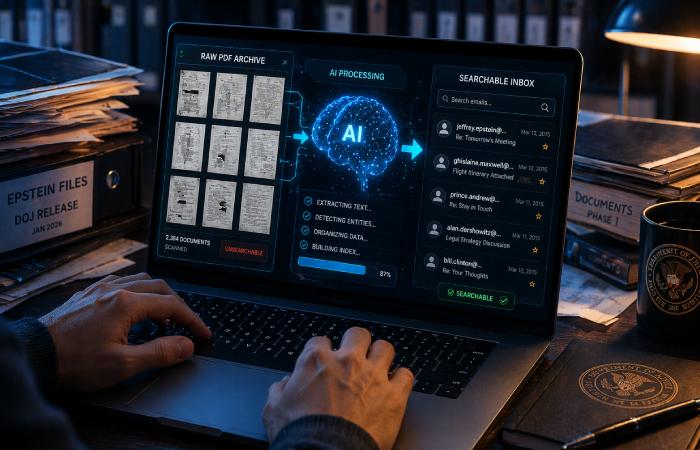 laptop screen displaying structured digital documents converted from scanned files
