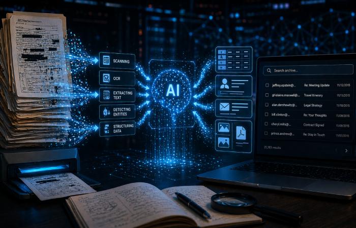 abstract visualization of AI processing data into structured format with connected nodes