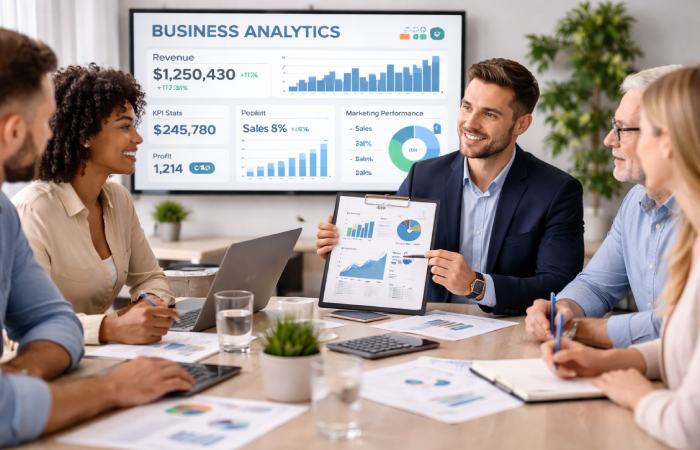 business team reviewing marketing reports and performance metrics in meeting