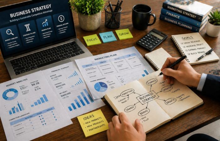 workspace with notebook charts and laptop showing business planning concepts