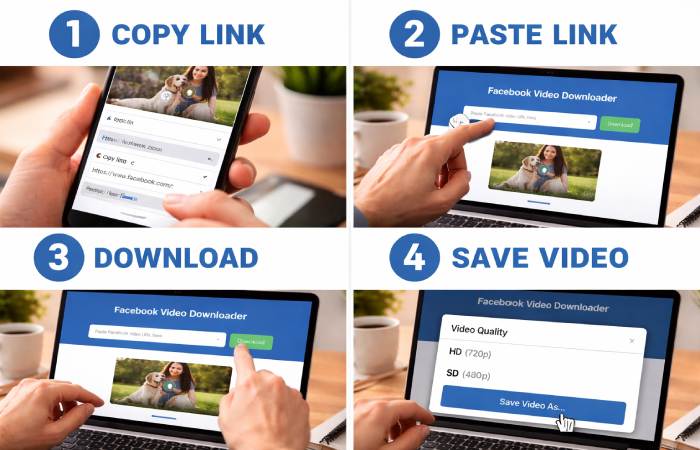 user copying link on phone and pasting into website on laptop for video download