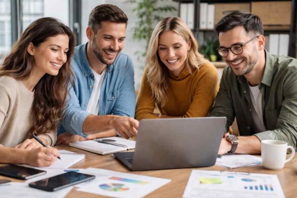 professional team discussing digital marketing strategy on laptop in modern office