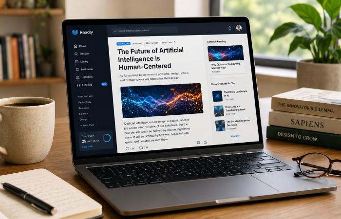 person browsing a tech content website on laptop in a clean workspace