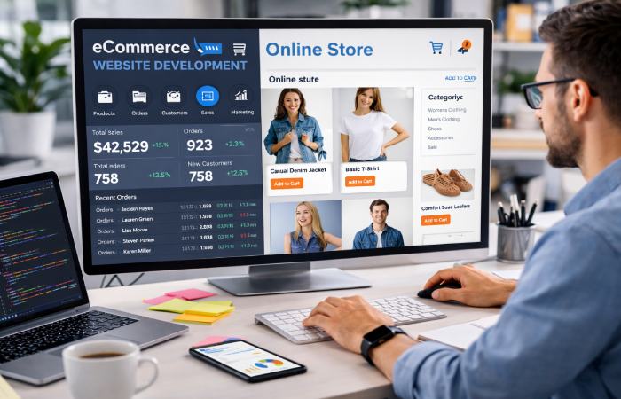 developer working on ecommerce website interface with product listings on screen