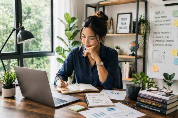solo entrepreneur working on laptop planning business strategy in home office