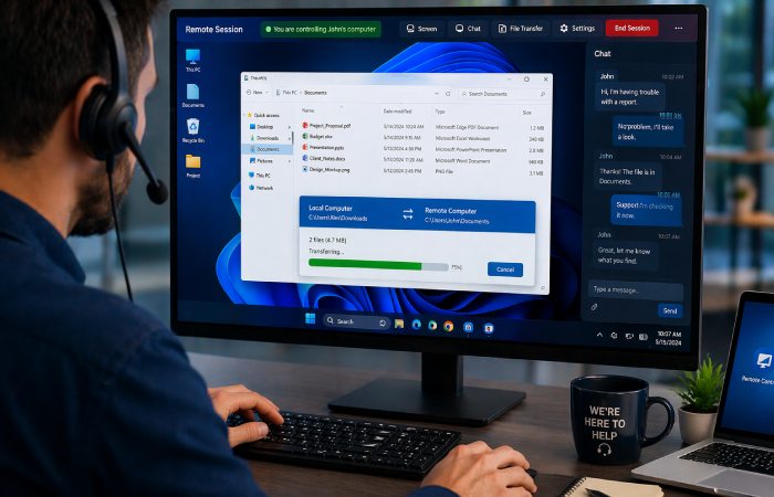 file transfer and chat interaction during remote desktop session