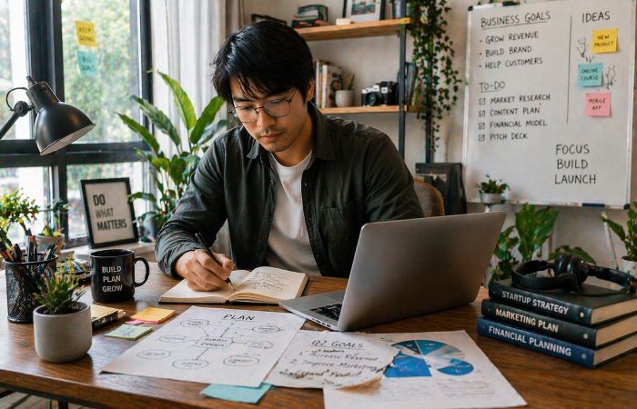 freelancer or startup founder working remotely on business tasks