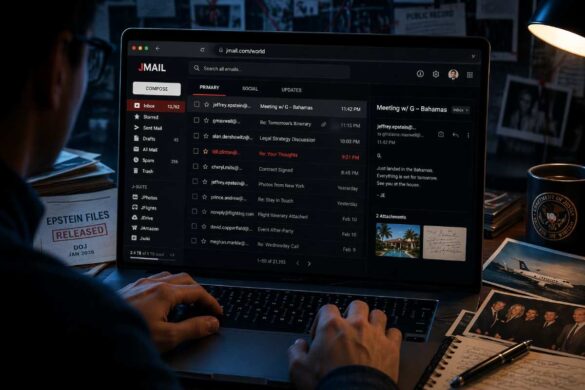person browsing email-style interface on laptop with large archive of documents in dark environment