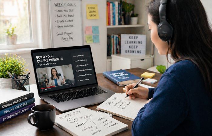 person reading business articles on laptop in workspace