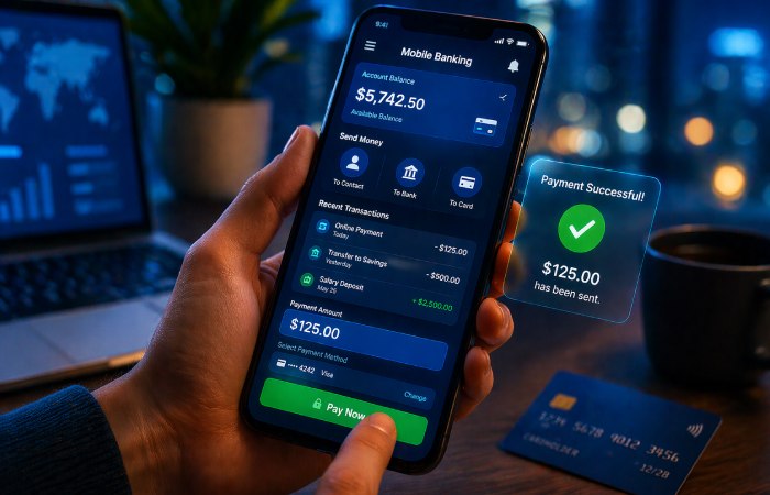 person making online payment or checking transaction on mobile device