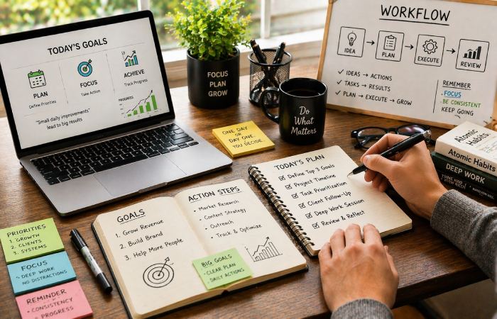 person organizing tasks and goals using checklist and laptop