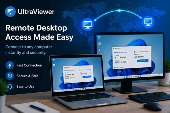 laptop remotely controlling another computer screen in modern workspace