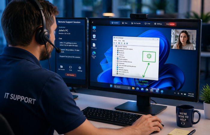IT support technician remotely assisting user on computer