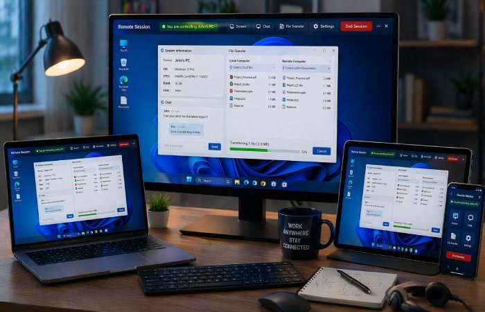 multiple devices connected for remote work including laptop and desktop