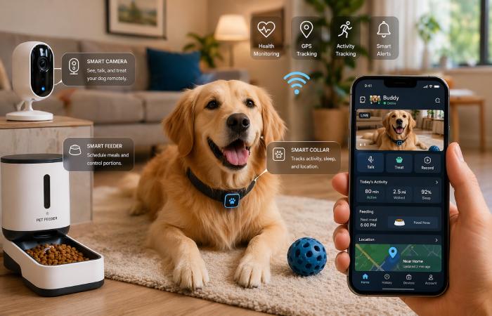 collection of smart pet devices including collar feeder and camera in home environment