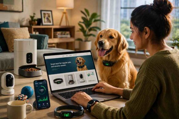 dog owner using laptop with pet nearby in modern home with smart pet devices