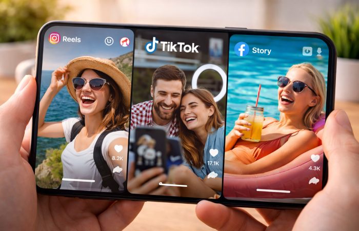 smartphone displaying social media videos including reels stories and short clips