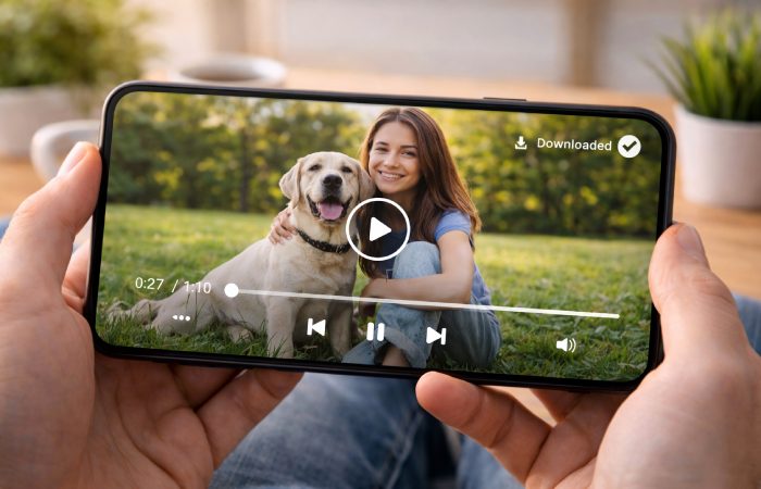 person watching saved video on smartphone without internet in relaxed setting