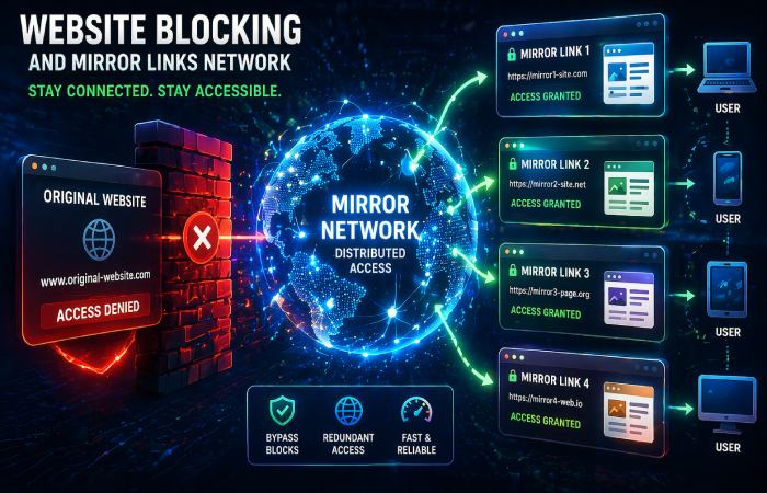 abstract digital network showing blocked websites and new mirrored domains appearing