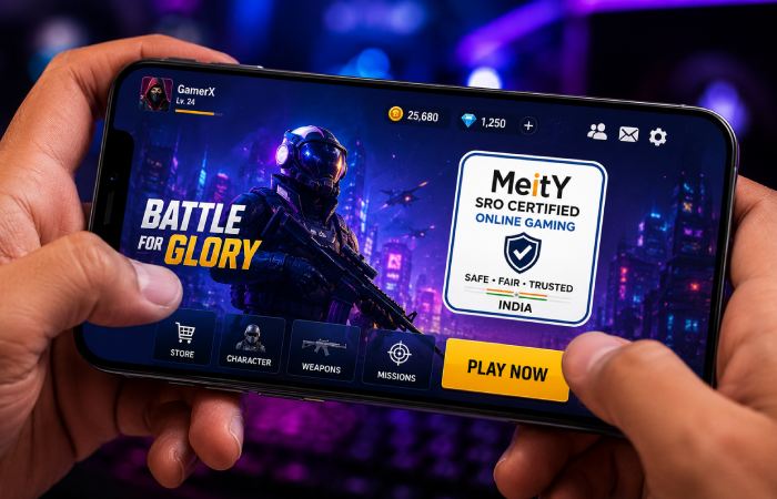 MeitY SRO certification badge displayed on an Indian gaming platform on a smartphone screen