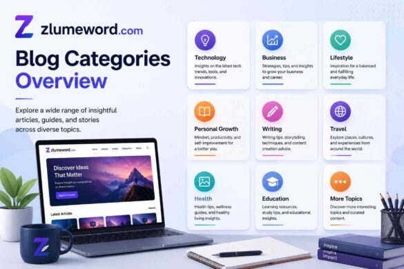 Illustrated layout of a multi-niche blog homepage showing content categories including entertainment, finance, lifestyle and tech similar to zlumeword.com